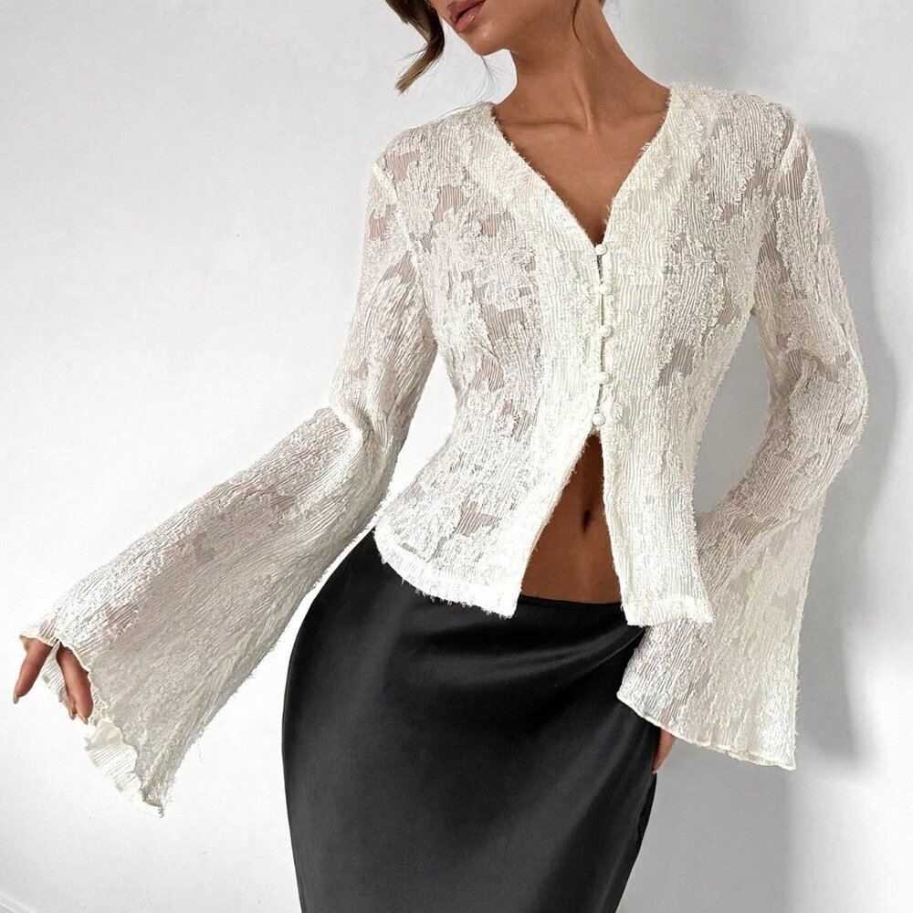 White Elegant Women's Lace Bell Sleeve Blouse - Picture 5 of 6